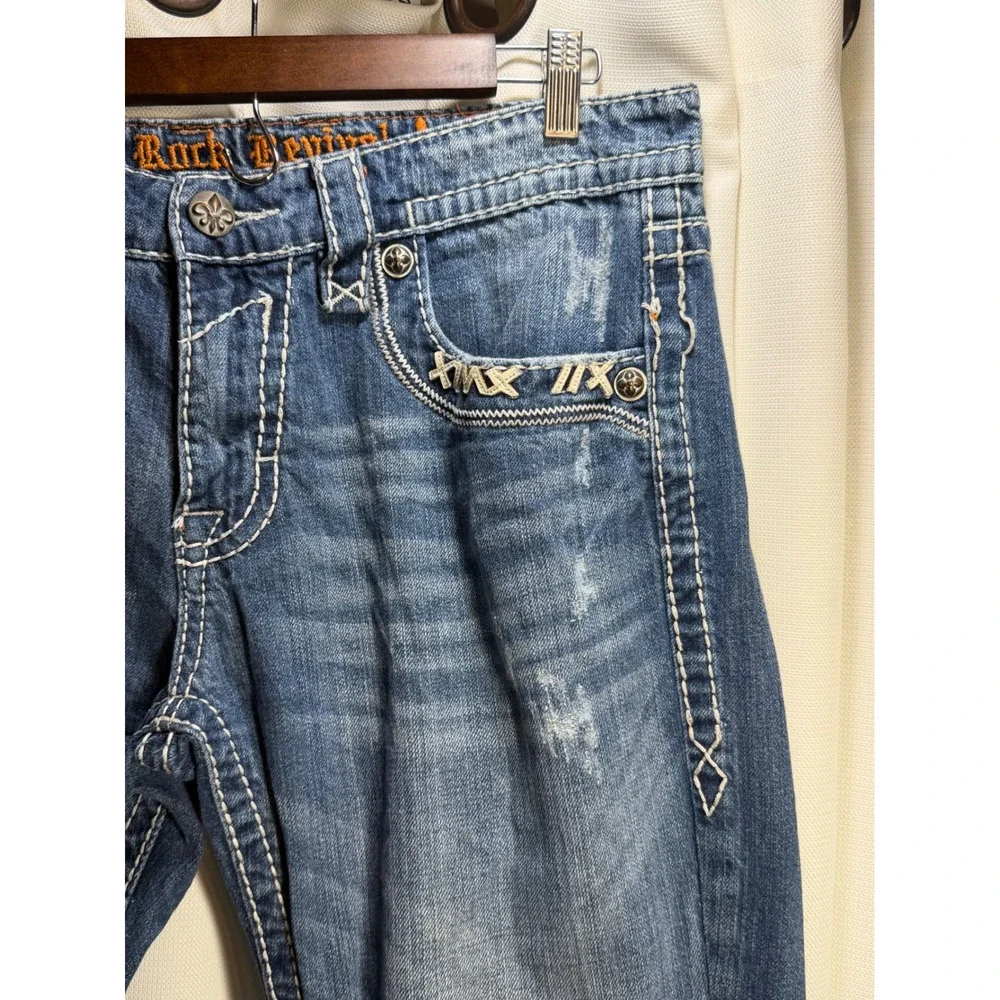 Rock Revival Mens Bootcut Jeans Size 34 Flap Pocket Thick Stitch Blue Y2K